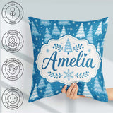 Custom Name Snowy Winter Pine Trees with Falling Snowflakes Blue Square Filled Cushion Throw Pillow Sofa Bed Home Decor Zip Washable UK Made