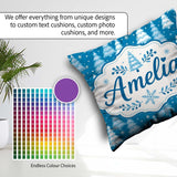 Custom Name Snowy Winter Pine Trees with Falling Snowflakes Blue Square Filled Cushion Throw Pillow Sofa Bed Home Decor Zip Washable UK Made