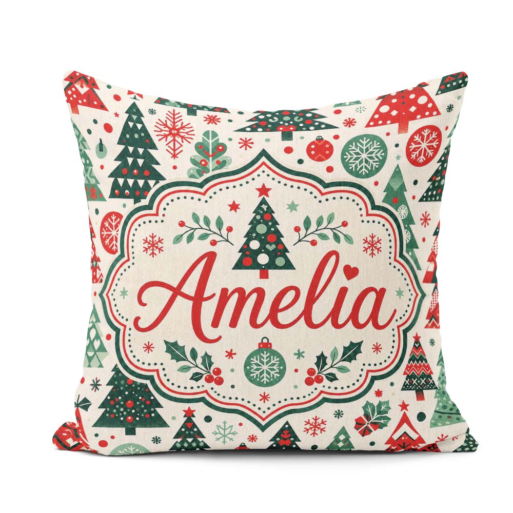 Custom Name Christmas Trees, Folk Art Seamless Pattern Red Green Square Filled Cushion Throw Pillow Sofa Bed Home Decor Zip Washable UK Made