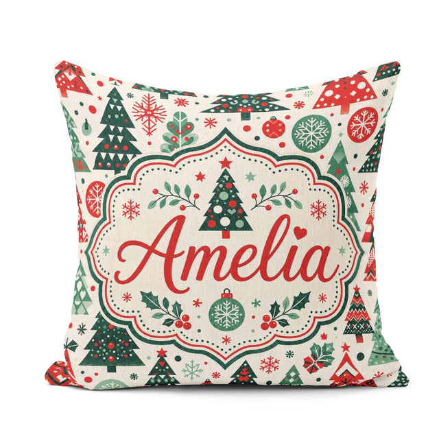 Custom Name Christmas Trees, Folk Art Seamless Pattern Red Green Square Filled Cushion Throw Pillow Sofa Bed Home Decor Zip Washable UK Made
