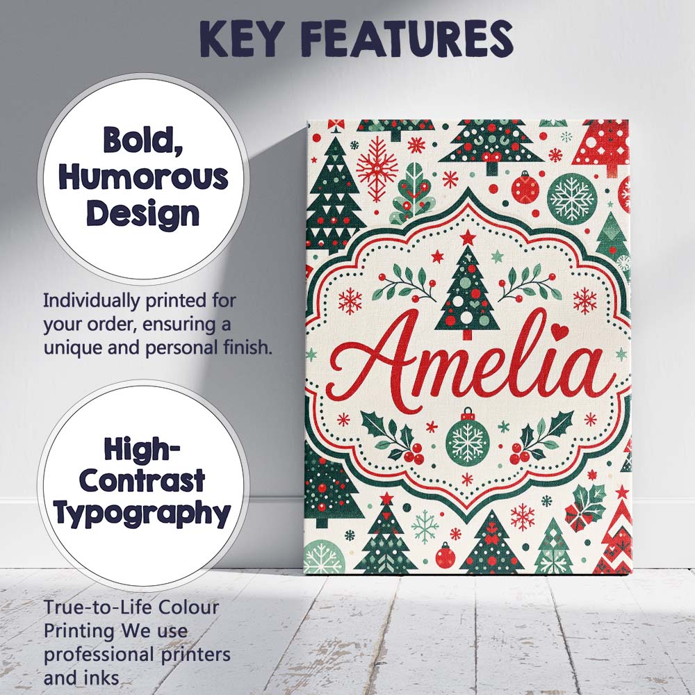 Personalised Name Christmas Trees, Ornaments Custom Bespoke  Contemporary Display Canvas Wall Art Print Decor Picture Ready to Hang