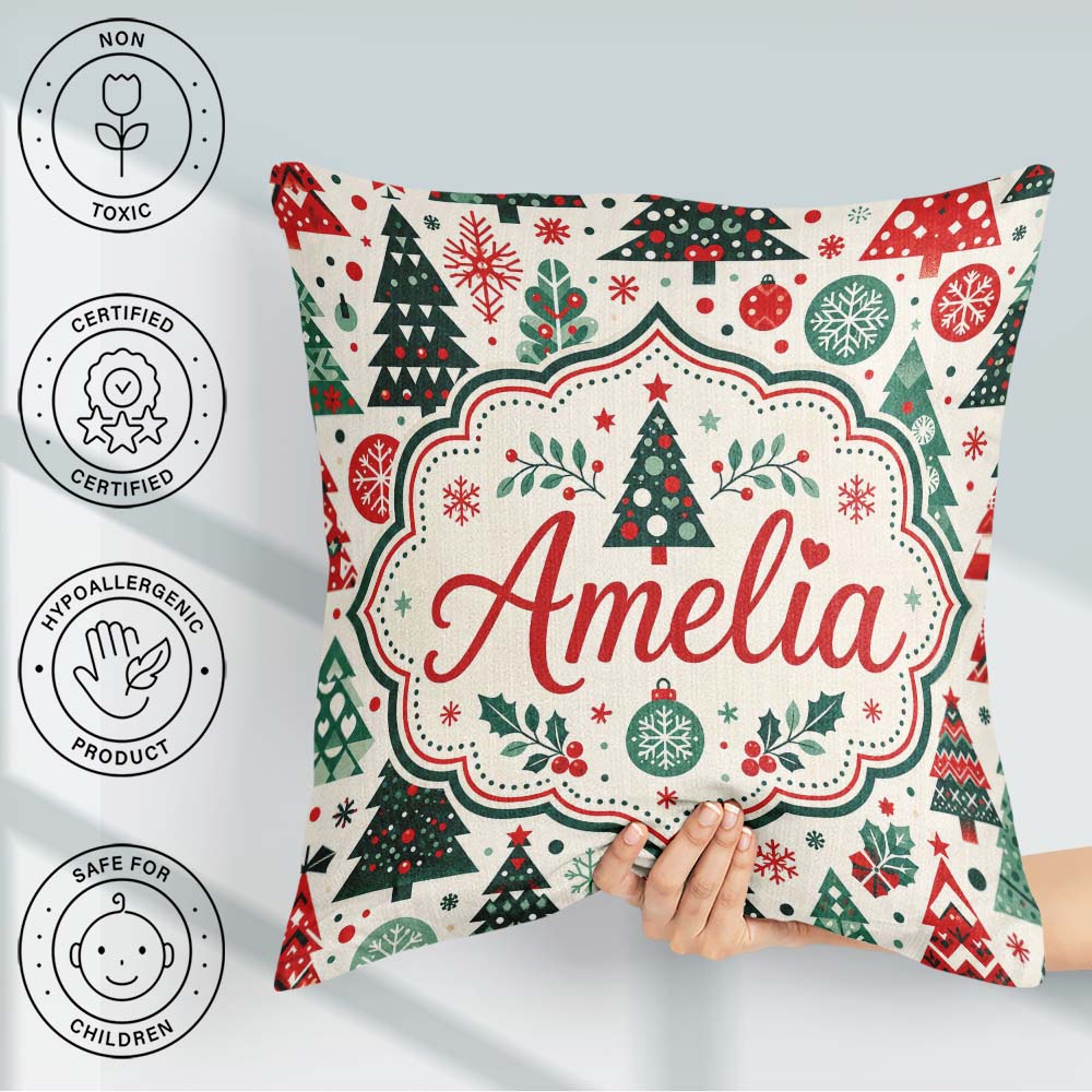 Custom Name Christmas Trees, Folk Art Seamless Pattern Red Green Square Filled Cushion Throw Pillow Sofa Bed Home Decor Zip Washable UK Made