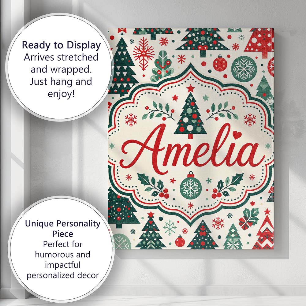 Personalised Name Christmas Trees, Ornaments Custom Bespoke  Contemporary Display Canvas Wall Art Print Decor Picture Ready to Hang