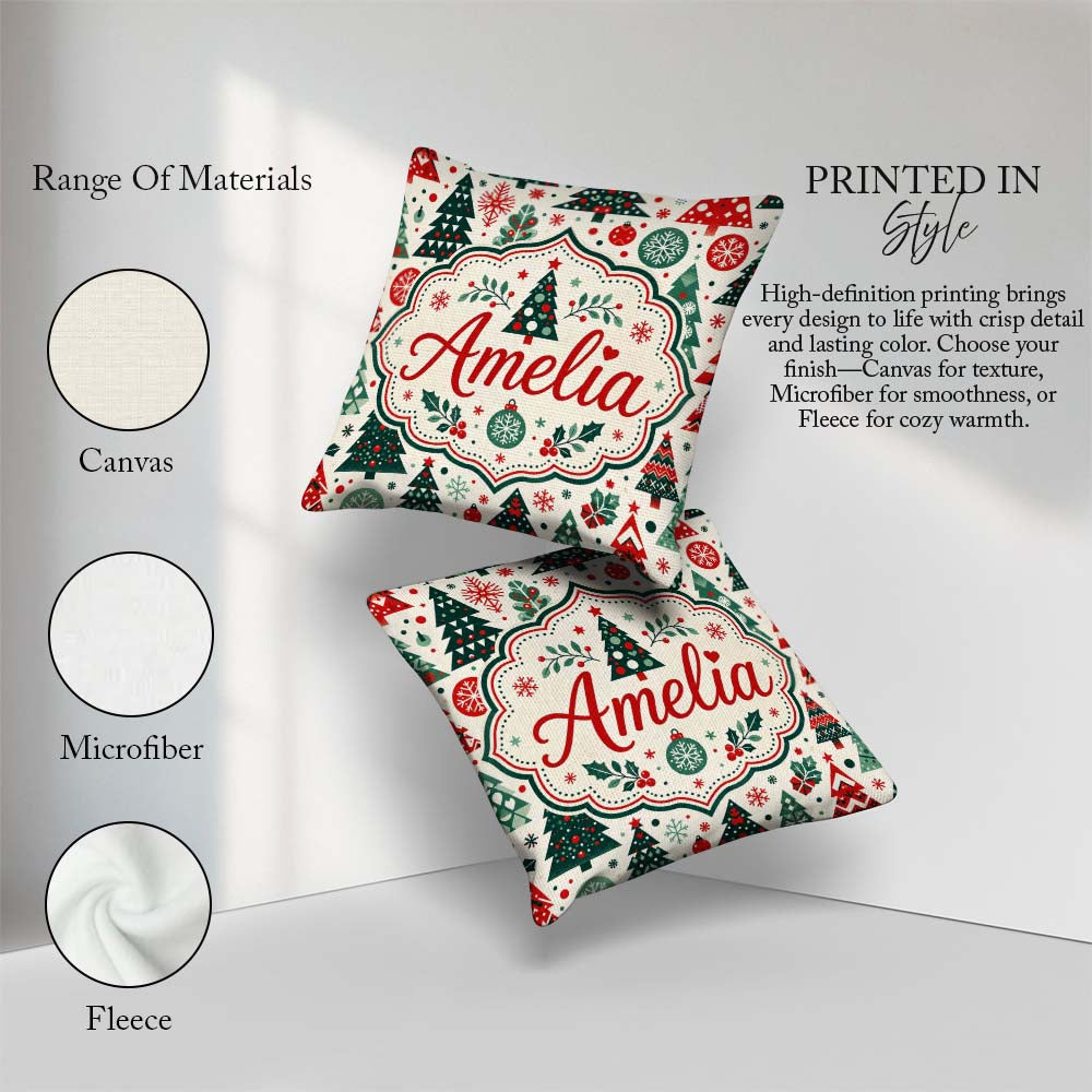 Custom Name Christmas Trees, Folk Art Seamless Pattern Red Green Square Filled Cushion Throw Pillow Sofa Bed Home Decor Zip Washable UK Made