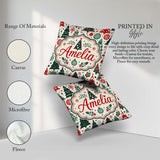 Custom Name Christmas Trees, Folk Art Seamless Pattern Red Green Square Filled Cushion Throw Pillow Sofa Bed Home Decor Zip Washable UK Made