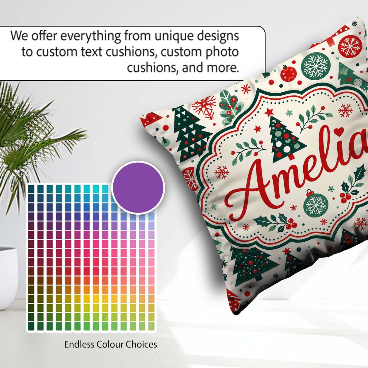 Custom Name Christmas Trees, Folk Art Seamless Pattern Red Green Square Filled Cushion Throw Pillow Sofa Bed Home Decor Zip Washable UK Made