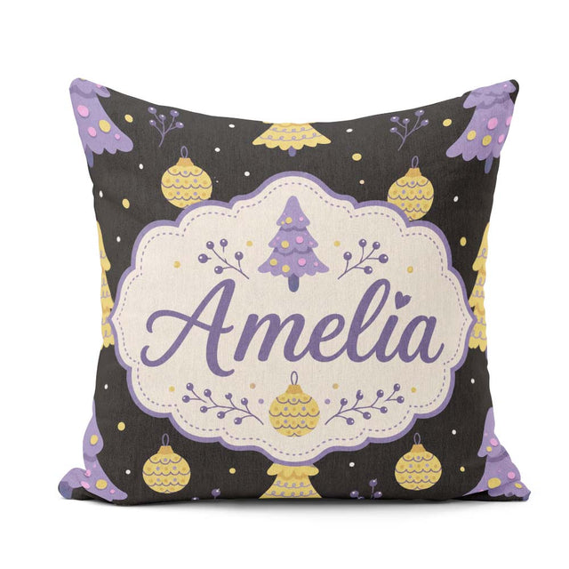 Custom Name Cute Christmas Tree with Baubles and Ornaments Dark Square Filled Cushion Throw Pillow Sofa Bed Home Decor Zip Washable UK Made