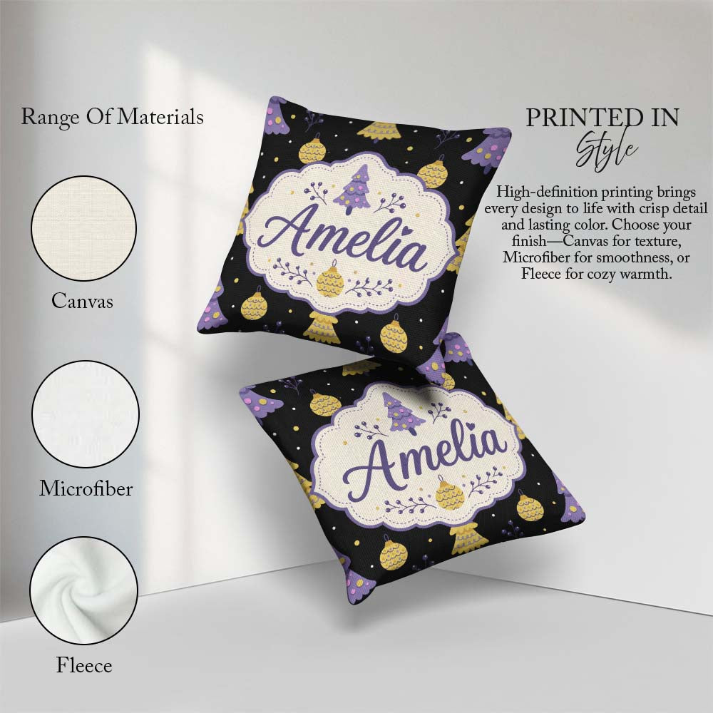 Custom Name Cute Christmas Tree with Baubles and Ornaments Dark Square Filled Cushion Throw Pillow Sofa Bed Home Decor Zip Washable UK Made