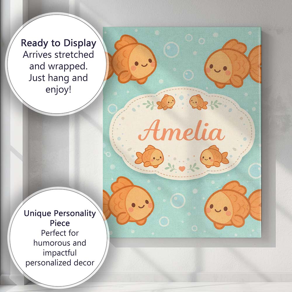 Personalised Name Cute Goldfish Cartoon Animal Ocean Pattern Beautiful Custom Decorative Canvas Wall Art Print Decor Picture Ready to Hang