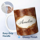 Personalized Custom Name Brown Crocodile Leather Texture Pattern Charming Kitchen Decor 11oz Ceramic Coffee Tea Mug White Large Handle