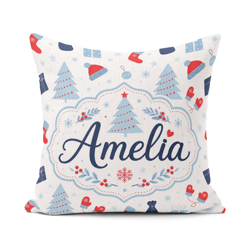 Custom Name Christmas Gifts Stockings Mittens and Trees Seamless Square Filled Cushion Throw Pillow Sofa Bed Home Decor Zip Washable UK Made
