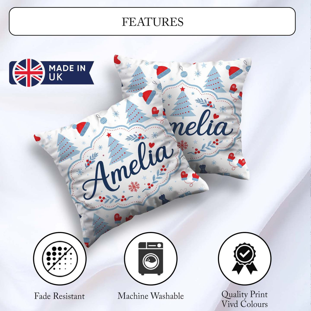 Custom Name Christmas Gifts Stockings Mittens and Trees Seamless Square Filled Cushion Throw Pillow Sofa Bed Home Decor Zip Washable UK Made