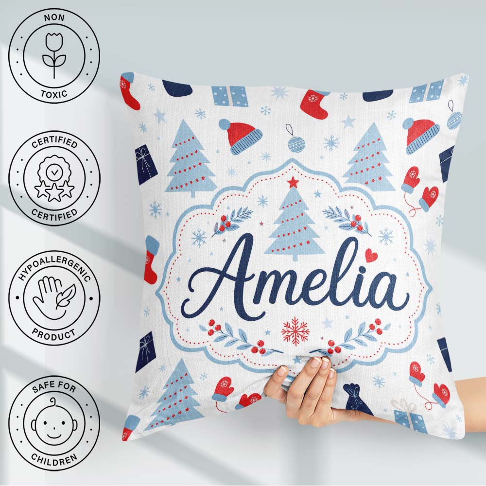 Custom Name Christmas Gifts Stockings Mittens and Trees Seamless Square Filled Cushion Throw Pillow Sofa Bed Home Decor Zip Washable UK Made