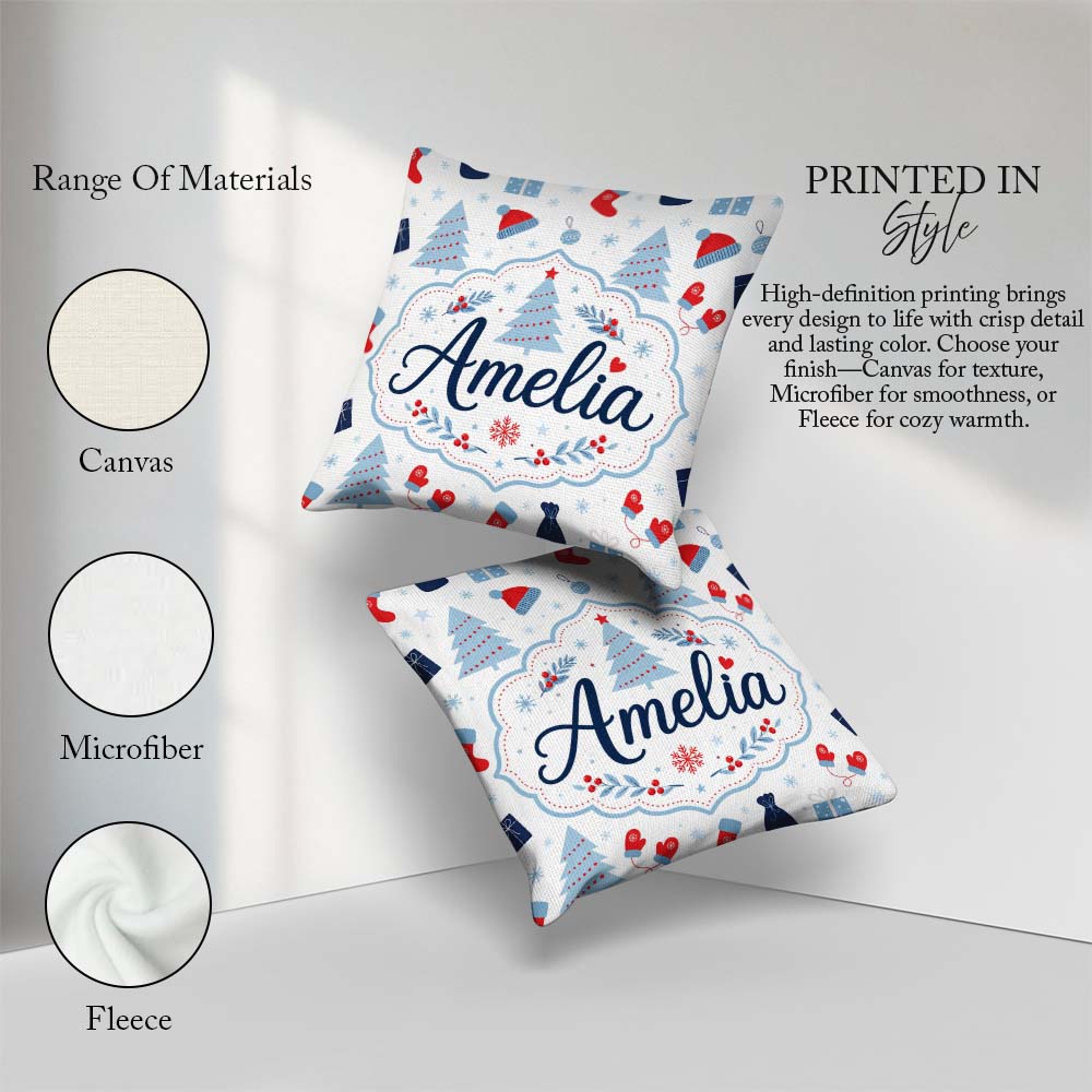 Custom Name Christmas Gifts Stockings Mittens and Trees Seamless Square Filled Cushion Throw Pillow Sofa Bed Home Decor Zip Washable UK Made