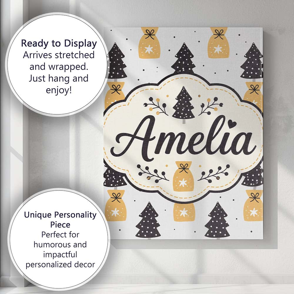 Personalised Name Black Christmas Trees and Custom  Bespoke Interior Contemporary Canvas Wall Art Print Decor Picture Ready to Hang