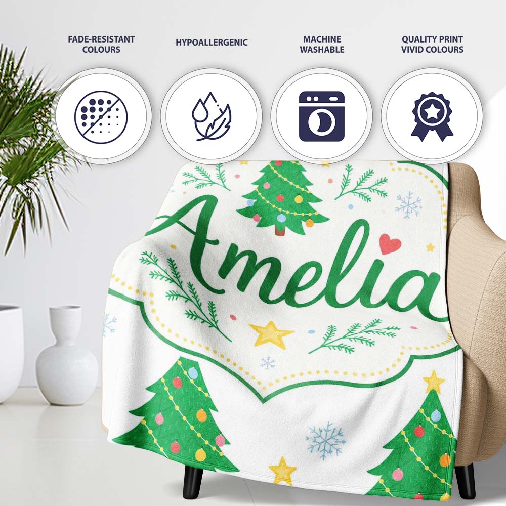 Decorated Christmas Trees with Stars and Snowflakes Bright Holiday  Personalised Custom Name Super Soft Fleece Blanket Bed Sofa Throw