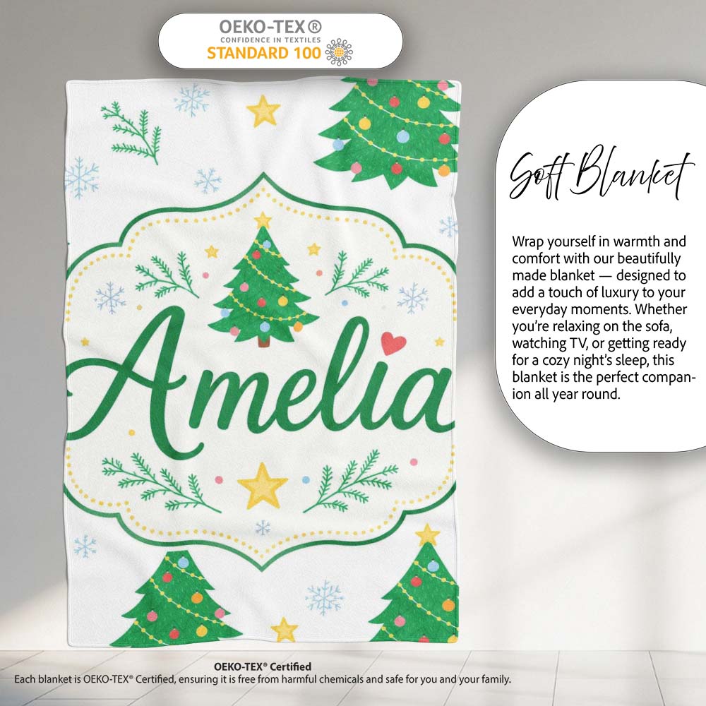 Decorated Christmas Trees with Stars and Snowflakes Bright Holiday  Personalised Custom Name Super Soft Fleece Blanket Bed Sofa Throw