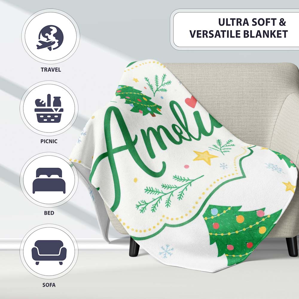 Decorated Christmas Trees with Stars and Snowflakes Bright Holiday  Personalised Custom Name Super Soft Fleece Blanket Bed Sofa Throw