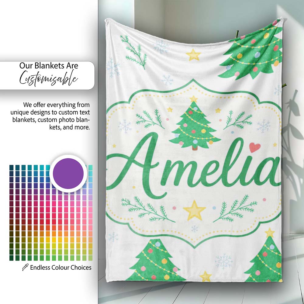 Decorated Christmas Trees with Stars and Snowflakes Bright Holiday  Personalised Custom Name Super Soft Fleece Blanket Bed Sofa Throw