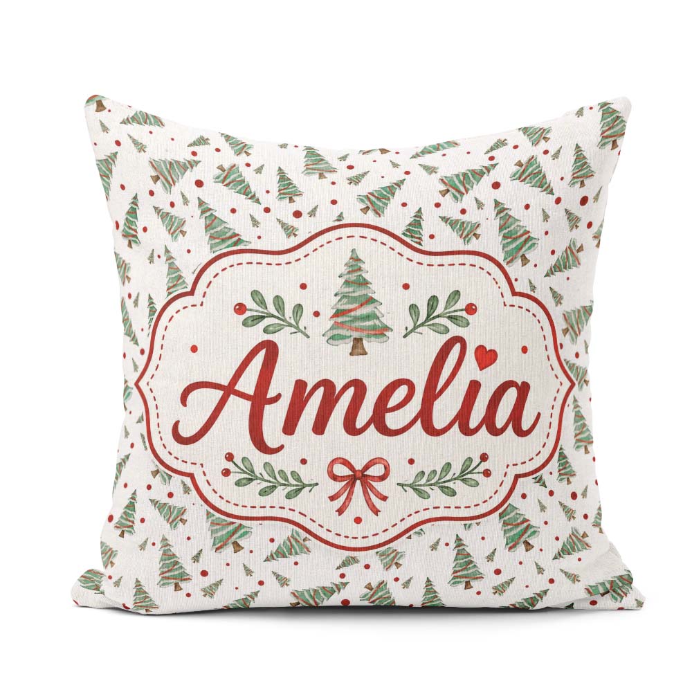 Custom Name Watercolor Trees with Red Snow Dots Seamless Pattern Square Filled Cushion Throw Pillow Sofa Bed Home Decor Zip Washable UK Made