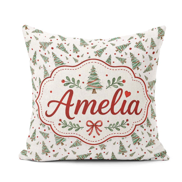 Custom Name Watercolor Trees with Red Snow Dots Seamless Pattern Square Filled Cushion Throw Pillow Sofa Bed Home Decor Zip Washable UK Made