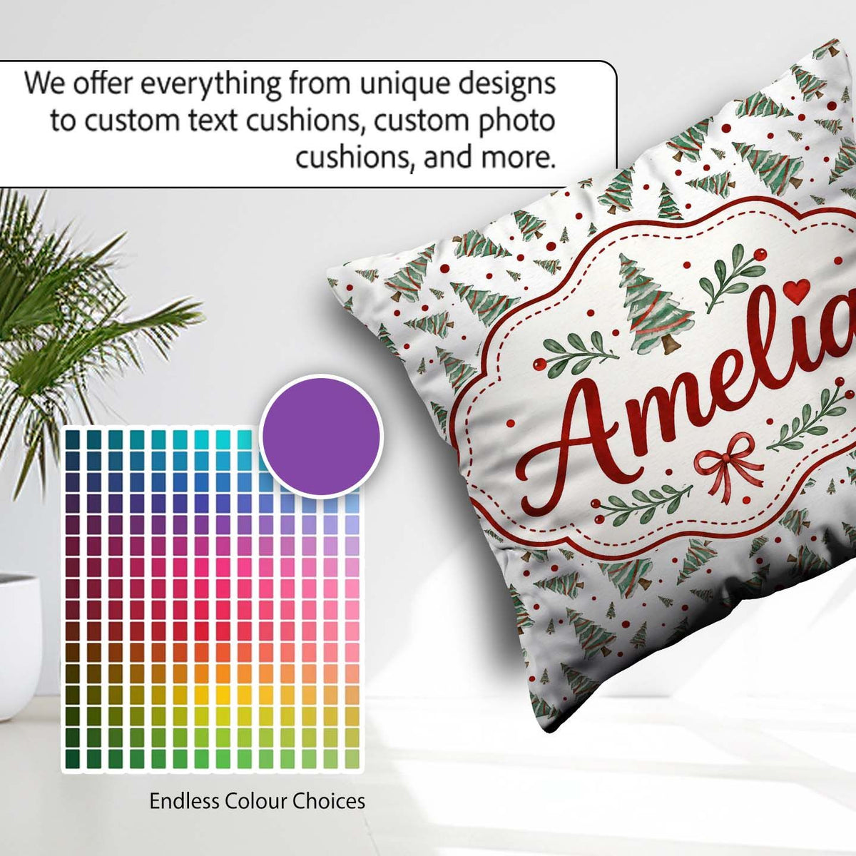 Custom Name Watercolor Trees with Red Snow Dots Seamless Pattern Square Filled Cushion Throw Pillow Sofa Bed Home Decor Zip Washable UK Made