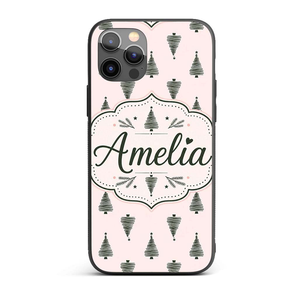 Minimal Line Christmas Trees Modern Scandinavian Custom Name Protective Phone Case Mobile Cover Durable Everyday Smartphone Shock Resistant