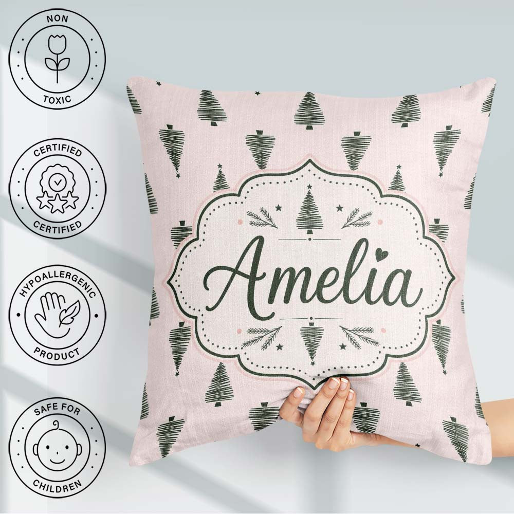 Custom Name Minimal Line Christmas Trees Modern Seamless Pattern Square Filled Cushion Throw Pillow Sofa Bed Home Decor Zip Washable UK Made