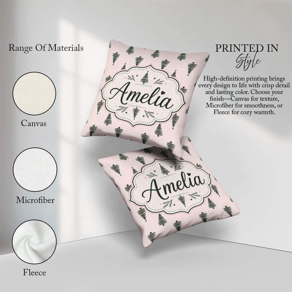 Custom Name Minimal Line Christmas Trees Modern Seamless Pattern Square Filled Cushion Throw Pillow Sofa Bed Home Decor Zip Washable UK Made