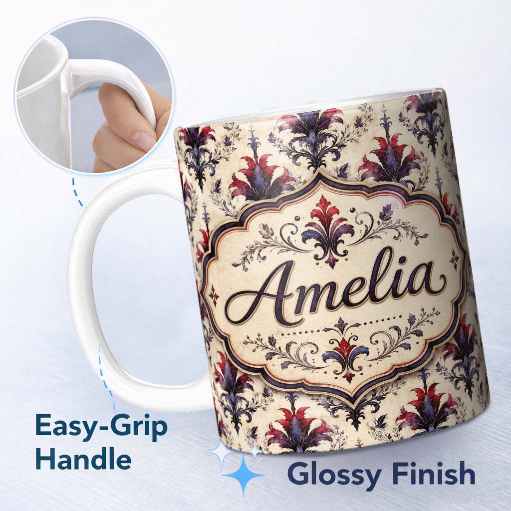 Personalized Custom Name Vintage Floral Damask Red and Purple on Cream Seamless Pattern 11oz Ceramic Coffee Tea Mug White Large Handle