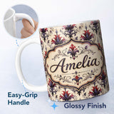 Personalized Custom Name Vintage Floral Damask Red and Purple on Cream Seamless Pattern 11oz Ceramic Coffee Tea Mug White Large Handle