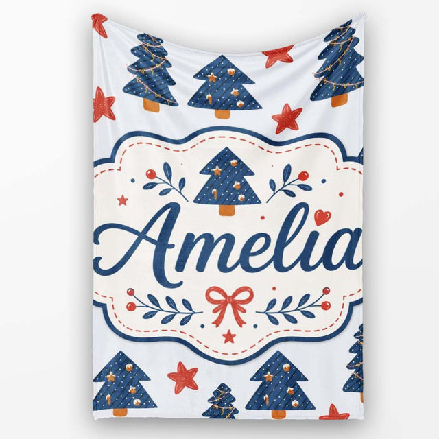Blue Christmas Trees with Stars and Hanging Ornaments Seamless  Personalised Custom Name Super Soft Fleece Blanket Bed Sofa Throw