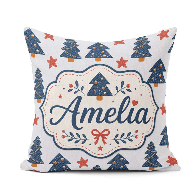 Custom Name Blue Christmas Trees with Stars and Hanging Seamless Square Filled Cushion Throw Pillow Sofa Bed Home Decor Zip Washable UK Made