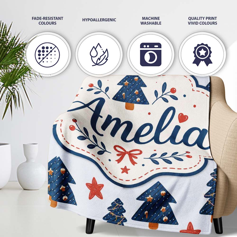 Blue Christmas Trees with Stars and Hanging Ornaments Seamless  Personalised Custom Name Super Soft Fleece Blanket Bed Sofa Throw