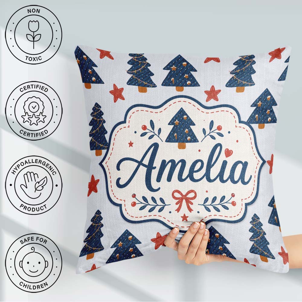 Custom Name Blue Christmas Trees with Stars and Hanging Seamless Square Filled Cushion Throw Pillow Sofa Bed Home Decor Zip Washable UK Made