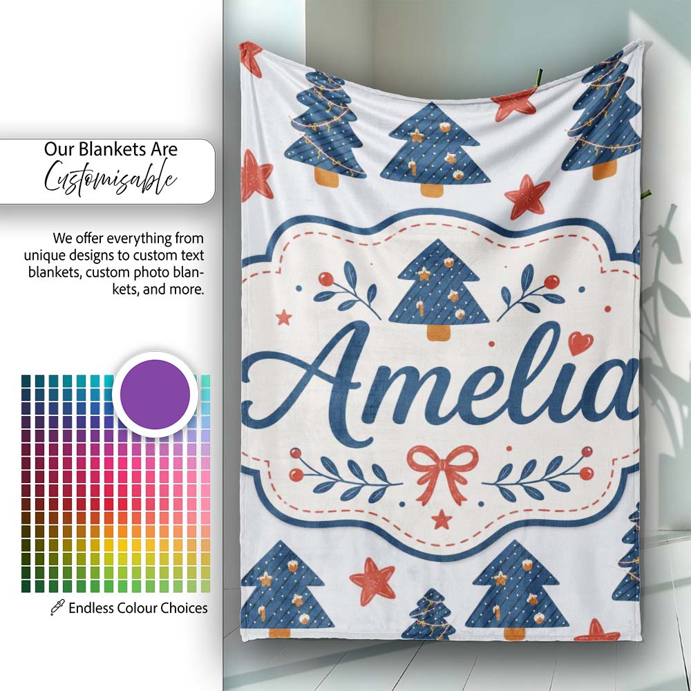 Blue Christmas Trees with Stars and Hanging Ornaments Seamless  Personalised Custom Name Super Soft Fleece Blanket Bed Sofa Throw