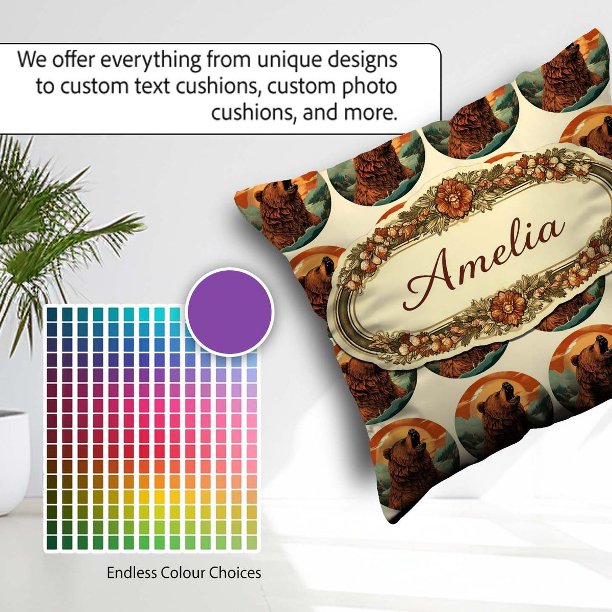 Custom Name Portrait Circle Seamless Pattern Forest Illustration Square Filled Cushion Throw Pillow Sofa Bed Home Decor Zip Washable UK Made