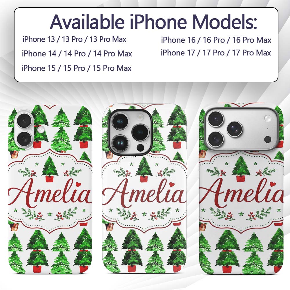 Watercolor Christmas Trees in Pots Hand Painted Custom Name Protective Phone Case Mobile Cover Durable Everyday Smartphone Shock Resistant