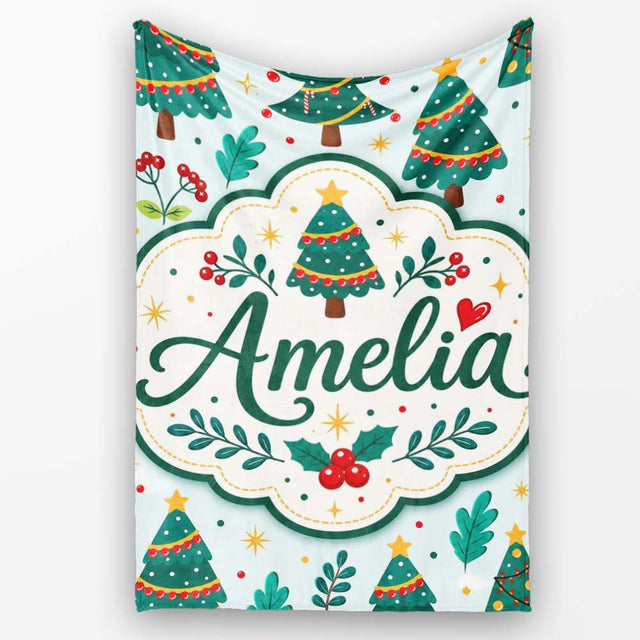 Decorated Christmas Trees with Lights and Berries Festive Winter  Personalised Custom Name Super Soft Fleece Blanket Bed Sofa Throw