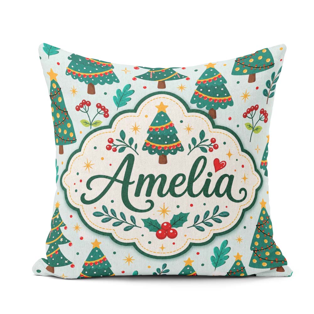Custom Name Decorated Christmas Trees Lights and Berries Festive Square Filled Cushion Throw Pillow Sofa Bed Home Decor Zip Washable UK Made