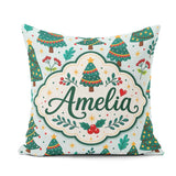 Custom Name Decorated Christmas Trees Lights and Berries Festive Square Filled Cushion Throw Pillow Sofa Bed Home Decor Zip Washable UK Made