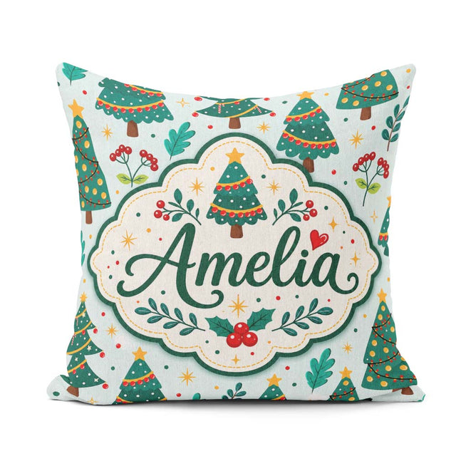 Custom Name Decorated Christmas Trees Lights and Berries Festive Square Filled Cushion Throw Pillow Sofa Bed Home Decor Zip Washable UK Made