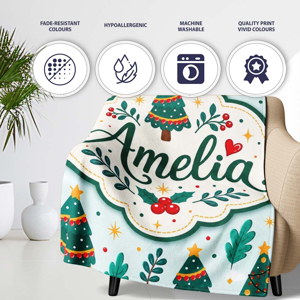 Decorated Christmas Trees with Lights and Berries Festive Winter  Personalised Custom Name Super Soft Fleece Blanket Bed Sofa Throw