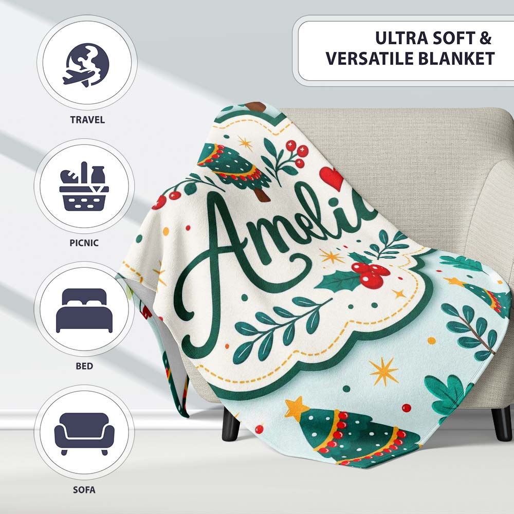 Decorated Christmas Trees with Lights and Berries Festive Winter  Personalised Custom Name Super Soft Fleece Blanket Bed Sofa Throw