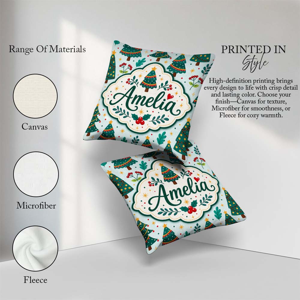 Custom Name Decorated Christmas Trees Lights and Berries Festive Square Filled Cushion Throw Pillow Sofa Bed Home Decor Zip Washable UK Made
