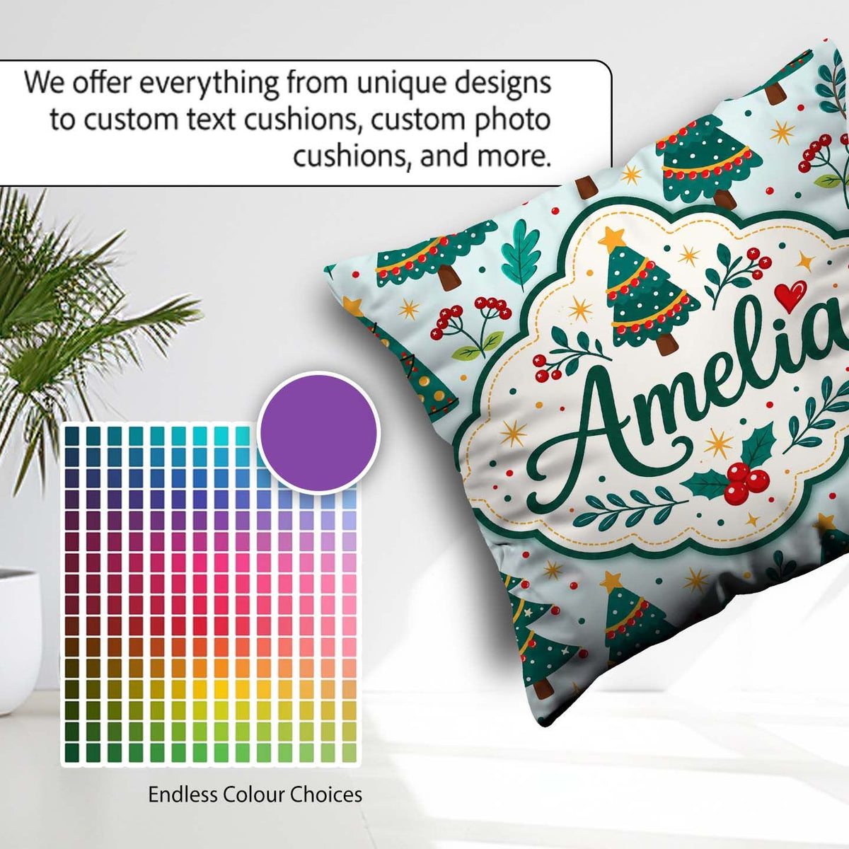 Custom Name Decorated Christmas Trees Lights and Berries Festive Square Filled Cushion Throw Pillow Sofa Bed Home Decor Zip Washable UK Made