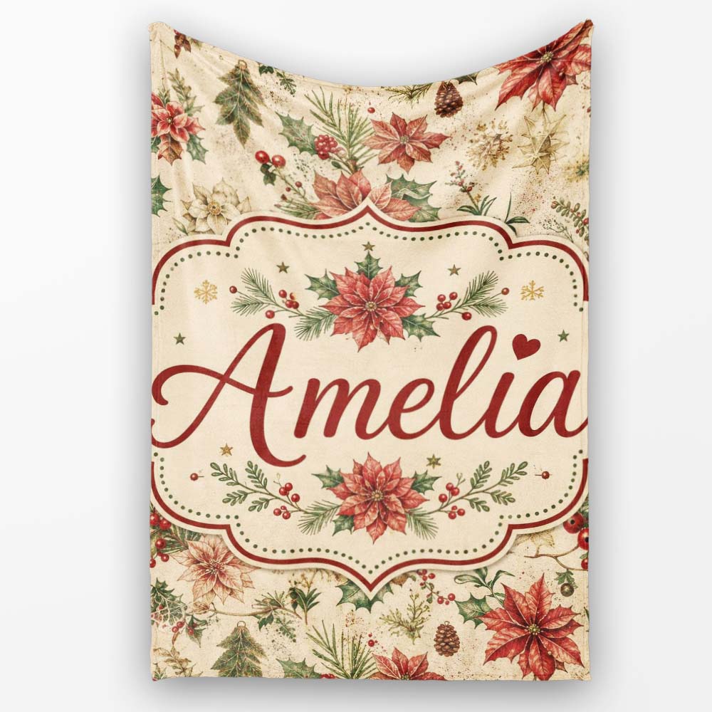 Vintage Christmas Floral with Holly Poinsettia and Pine Classic  Personalised Custom Name Super Soft Fleece Blanket Bed Sofa Throw
