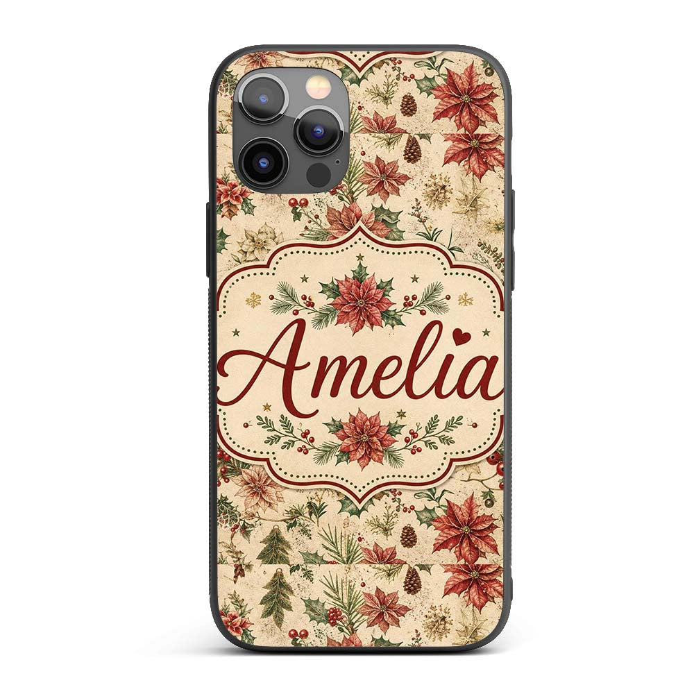 Vintage Christmas Floral with Holly Poinsettia Custom Name Protective Phone Case Mobile Cover Durable Everyday Smartphone Shock Resistant