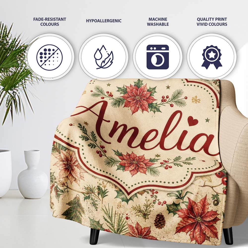 Vintage Christmas Floral with Holly Poinsettia and Pine Classic  Personalised Custom Name Super Soft Fleece Blanket Bed Sofa Throw