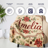 Vintage Christmas Floral with Holly Poinsettia and Pine Classic  Personalised Custom Name Super Soft Fleece Blanket Bed Sofa Throw